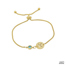 Load image into Gallery viewer, Stainless Steel Yellow Gold Plated Adjustable Bracelet with Personalised Initial and Birthstone