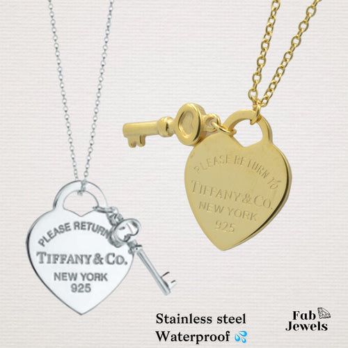 Yellow Gold Stainless Steel Necklace  Heart and Key Pendant