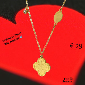 Gold Plated Stainless Steel Necklace with Clover Pendant