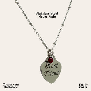 Engraved Stainless Steel ‘Best Friend’Heart Pendant with Personalised Birthstone Inc. Necklace
