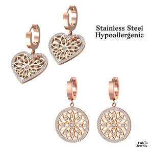Rose Gold Stainless Steel Hypoallergenic Hoop Dangling Charm Earrings with Swarovski Crystals