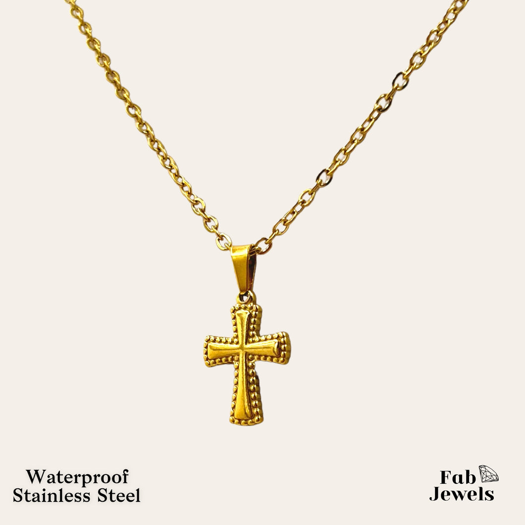 18ct Gold Finish on Stainless Steel Waterproof Cross Pendant with Necklace