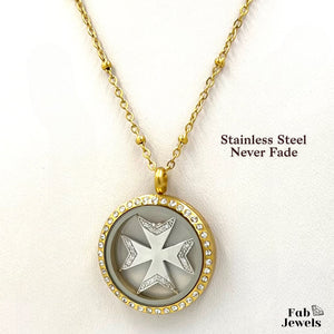 Yellow / Rose Gold Stainless Steel Maltese Cross Locket with Necklace