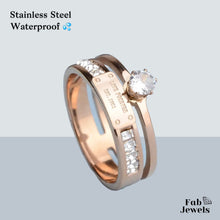 Load image into Gallery viewer, Stainless Steel Rose Gold Ring nicely detailed with Swarovski Crystals.