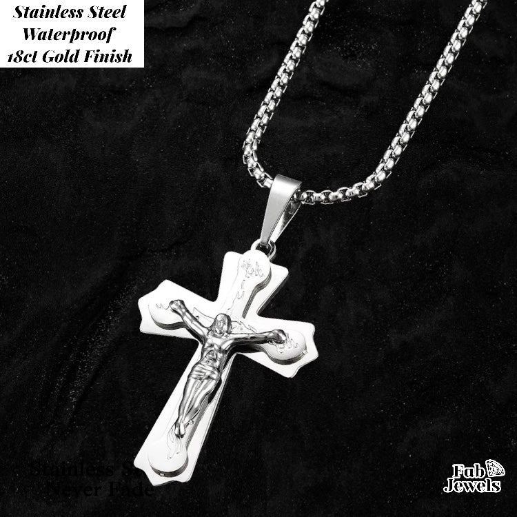 18ct Gold Plated on Stainless Steel Crucifix Cross Pendant and Necklace