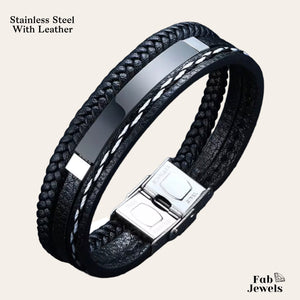 Stylish Black Leather and Stainless Steel Multi Layer Men's Bracelet