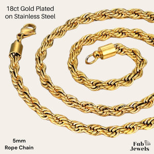 18ct Gold Plated on Stainless Steel 5mm Thick Rope Chain