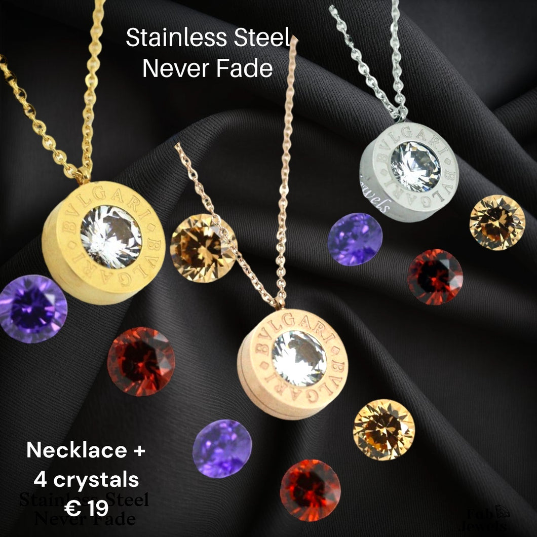 Stainless Steel Interchangeable Rose/White/Yellow Gold Plated Necklace with 4 Crystals