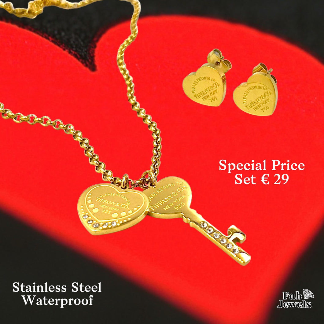 Stainless Steel 18ct Yellow Gold Set Key Heart Pendant with matching Earrings Necklace Included