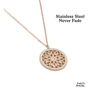 Rose Gold Stainless Steel Set Necklace and Matching Earrings with Swarovski Crystals