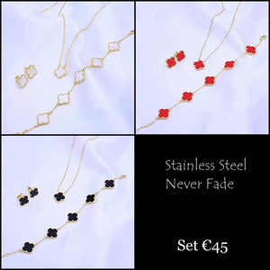 Stainless Steel 316L Yellow Gold Agate Clover Set Necklace Bracelet Earrings