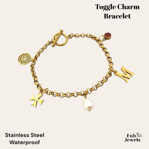 Yellow Gold Plated Stainless Steel Toggle Charm Bracelet Maltese Cross Initial Paw Birthstone
