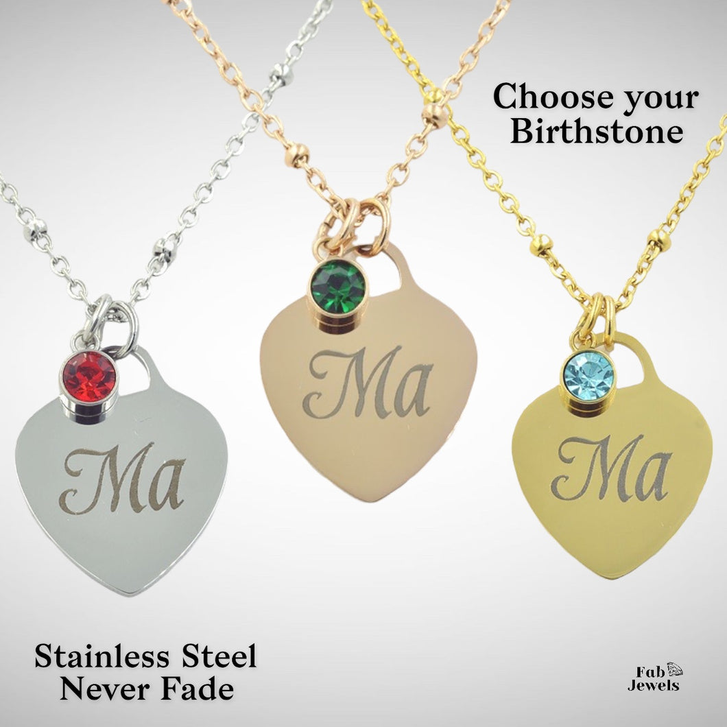 Engraved Stainless Steel ‘Ma’ Heart Pendant with Personalised Birthstone Inc. Necklace