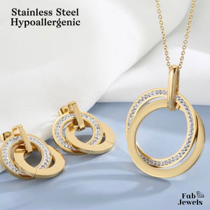 Stainless Steel Yellow Gold Plated Set Necklace and Matching Earrings with Swarovski Crystals