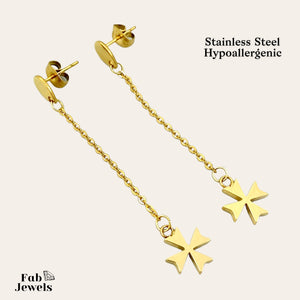 Yellow Gold Stainless Steel  Hypoallergenic Maltese Cross Long Earrings