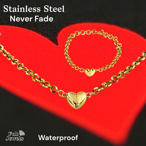 Stainless Steel Yellow Gold Plated Heart Necklace Bracelet Set