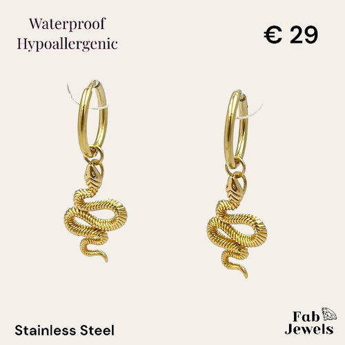 Stainless Steel Gold Plated Hypoallergenic Snake Charm Hoop Earrings