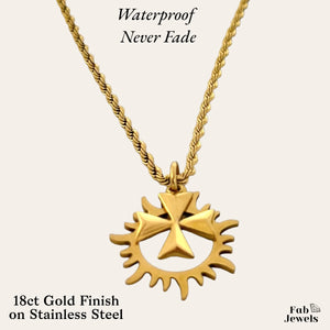Yellow Gold Plated on Stainless Steel Sum Maltese Cross Pendant with Rope Chain