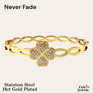 Yellow Gold Plated Stainless Steel Clover Bangle with Cubic Zirconia