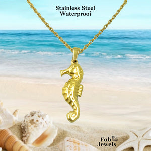 Yellow Gold Plated Stainless Steel Seahorse Lucky Charm Pendant with Necklace