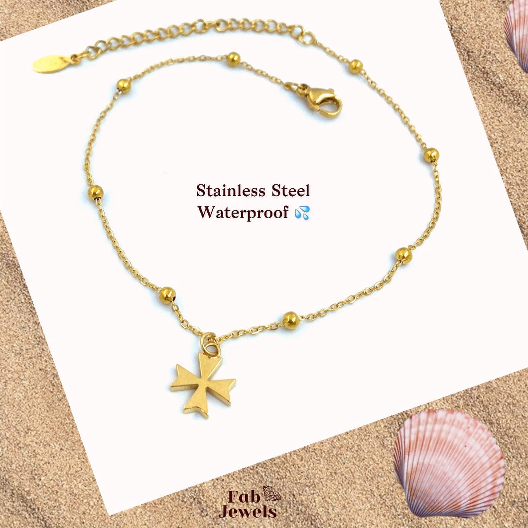 Stainless Steel 316L Maltese Cross Charm Anklet Yellow Gold White Gold Plated