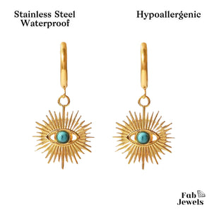 S/Steel Yellow Gold Dangling Charms Evil Eye Hoop Hypoallergenic