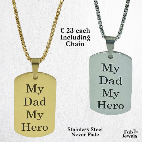 Stainless Steel Yellow Gold Engraved My Dad My Hero  Dog Tag Pendant with Necklace