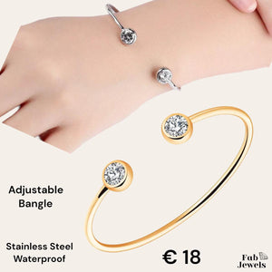 Yellow Gold Plated Silver on Stainless Steel Adjustable Bangle with CZ